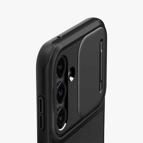 ACS05639 - Galaxy S23 Ultra Case Optik Armor in black showing the back with lens protector slot open
